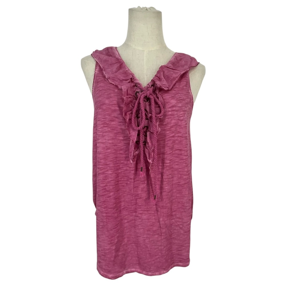 Democracy Womensโ Pink Lace Up Ruffle V-Neck Slub Knit Tank Top L Lightweight